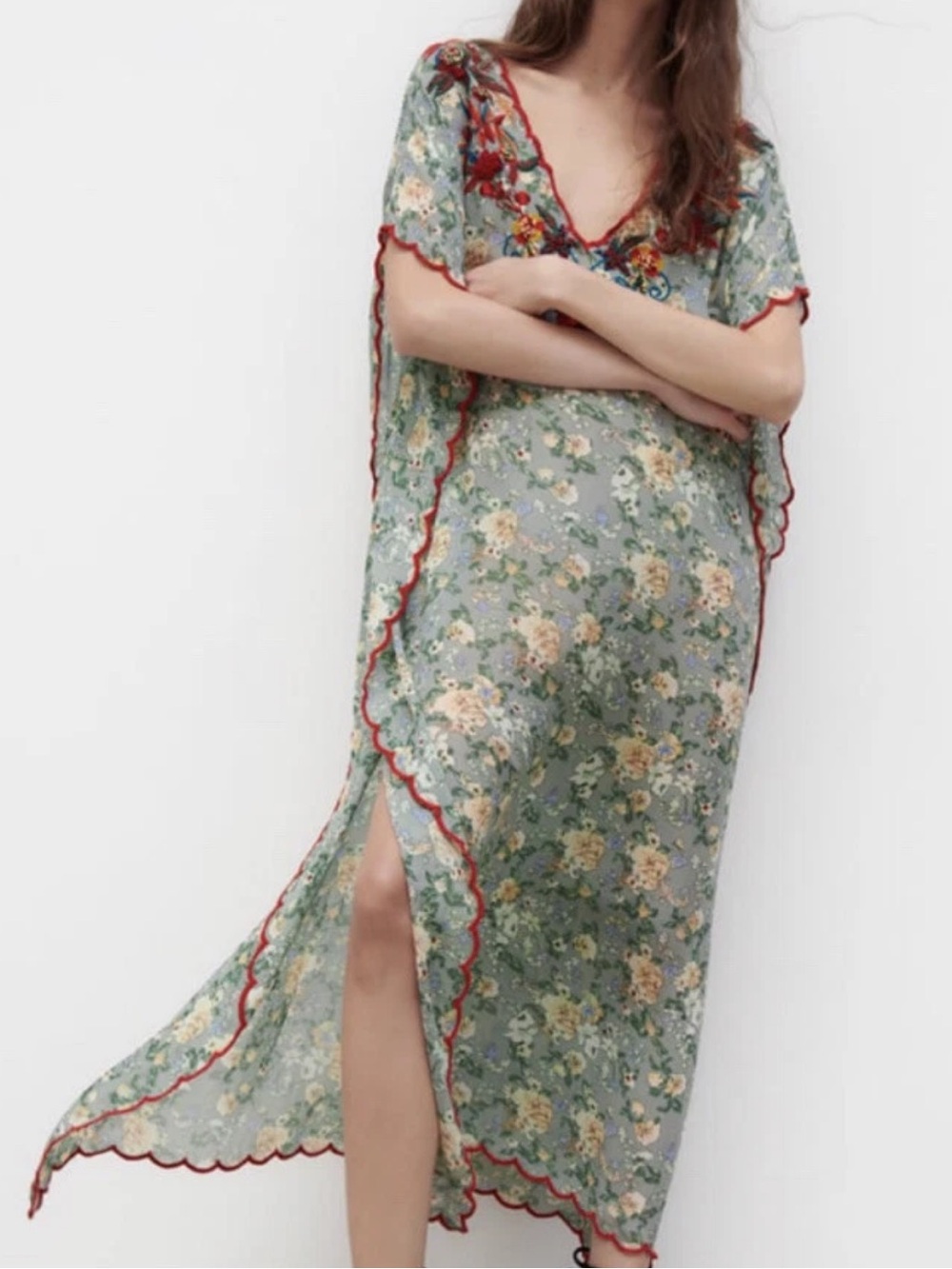 Zara Bohemian Embroidered Midi Tunic Dress with V-neck Size XS